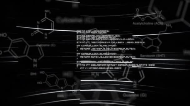 在黑色背景上的化学公式上的数据处理动画 全球技术 计算和数字接口概念数字生成视频 — 图库视频影像