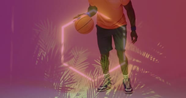 Animazione Neon Pattern Foglie Sopra Giocatore Basket Americano Africano Concetto — Video Stock