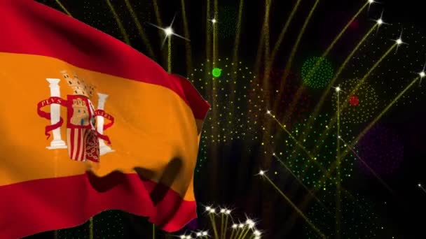 Κινούμενα Σχέδια Της Σημαίας Της Ισπανίας Πάνω Από Πυροτεχνήματα Μαύρο — Αρχείο Βίντεο