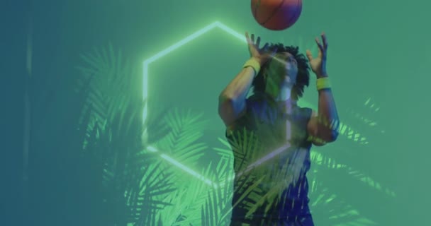 ネオンパターンと誕生したバスケットボール選手とのプランタのアニメーション スポーツ ビデオゲーム 通信コンセプトデジタル生成ビデオ — ストック動画