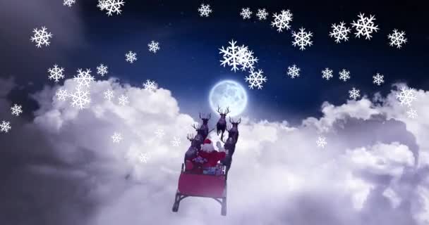 Animatie Van Sneeuw Vallen Kerstmis Kerstman Slee Met Rendieren Kerst — Stockvideo