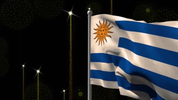 Animación Bandera Uruguay Sobre Fuegos Artificiales Sobre Fondo Negro Año — Vídeo de stock