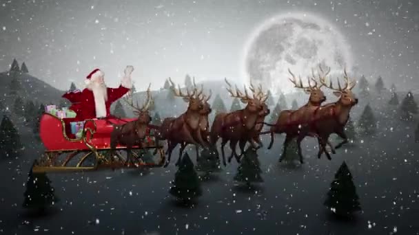 Анимация Снега Падающего Рождество Санта Клауса Санях Северными Оленями Рождество — стоковое видео