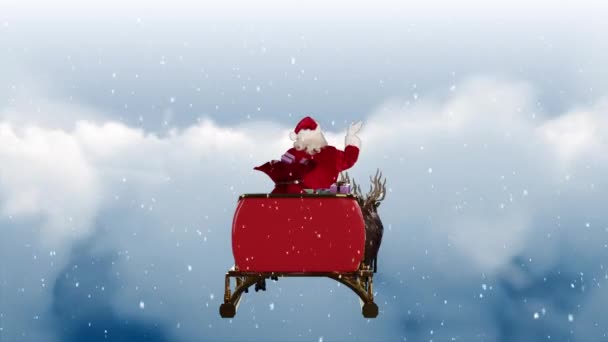Анимация Снега Падающего Рождество Санта Клауса Санях Северными Оленями Рождество — стоковое видео