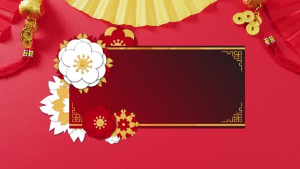 Animation Nya Året Hälsningar Text Över Kinesiska Traditionella Dekorationer Röd — Stockvideo