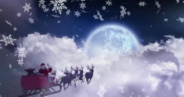 Animatie Van Sneeuw Vallen Kerstmis Kerstman Slee Met Rendieren Kerst — Stockvideo