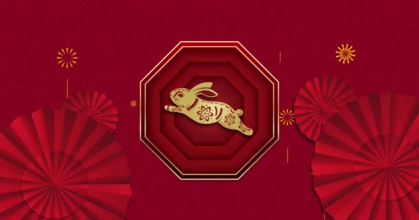 Animación Decoraciones Tradicionales Chinas Con Conejo Sobre Fondo Rojo Año — Vídeos de Stock
