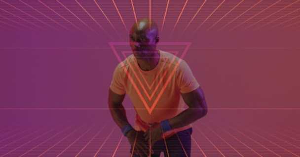 Animatie Van Neon Patroon Afro Amerikaanse Basketbalspeler Sport Concurrentie Gegevensverwerking — Stockvideo