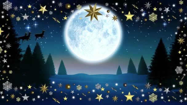 Animacja Świątecznych Dekoracji Świętego Mikołaja Saniach Reniferami Podczas Pełni Księżyca — Wideo stockowe