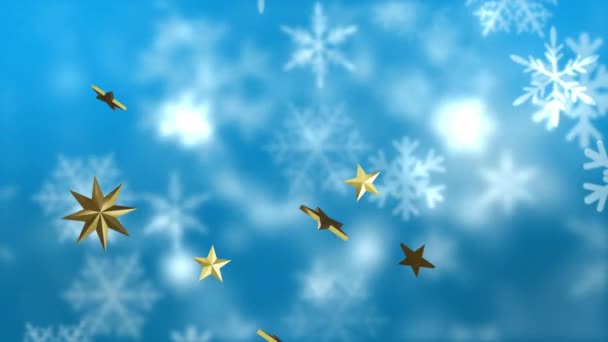 Animación Estrellas Que Caen Sobre Decoraciones Navideñas Sobre Fondo Azul — Vídeo de stock