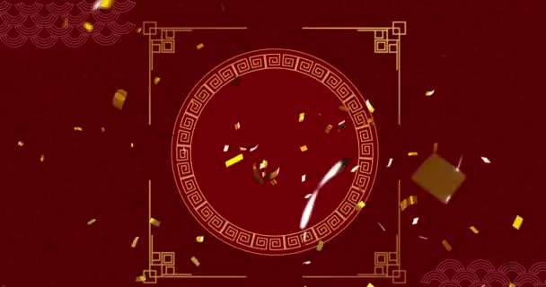 Animering Kinesiska Traditionella Dekorationer Och Konfetti Röd Bakgrund Kinesiskt Nytt — Stockvideo