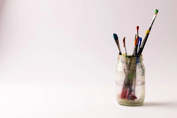 Image Close Jar Paint Brushes Copy Space Cream Background Painting — Stock Photo, Image
