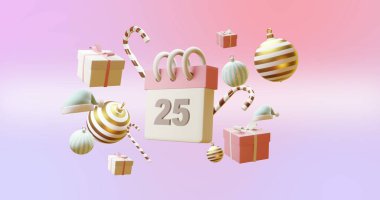 Takvim resmi 25 numara ve pembe arka planda noel süslemeleri. Noel, gelenek ve kutlama konsepti dijital olarak oluşturulmuş imaj.