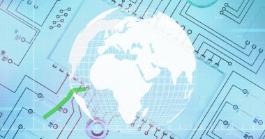 Mikro işlemci planının üzerinde dönen bir küre ile dönen bir grafiğin resmi. dijital arayüz küresel bağlantılar kavramı dijital olarak oluşturulmuş görüntü.