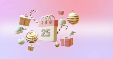 Takvim resmi 25 numara ve pembe arka planda noel süslemeleri. Noel, gelenek ve kutlama konsepti dijital olarak oluşturulmuş imaj.