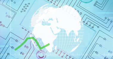Mikro işlemci planının üzerinde dönen bir küre ile dönen bir grafiğin resmi. dijital arayüz küresel bağlantılar kavramı dijital olarak oluşturulmuş görüntü.