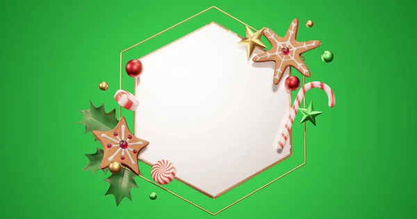 Bild Des Sechseckrahmens Mit Kopierraum Und Weihnachtsdekoration Auf Grünem Hintergrund — Stockfoto