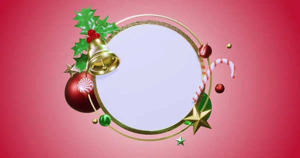 赤い背景にコピースペースとクリスマスの装飾とサークルフレームのイメージ クリスマス お祭り お祝いのコンセプトデジタル生成画像 — ストック写真