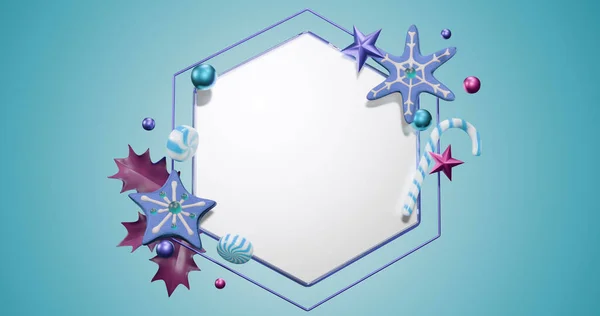 带有复制空间和蓝色背景的圣诞装饰的六边形框架的图像 圣诞节 传统和庆祝概念数字生成的图像 — 图库照片
