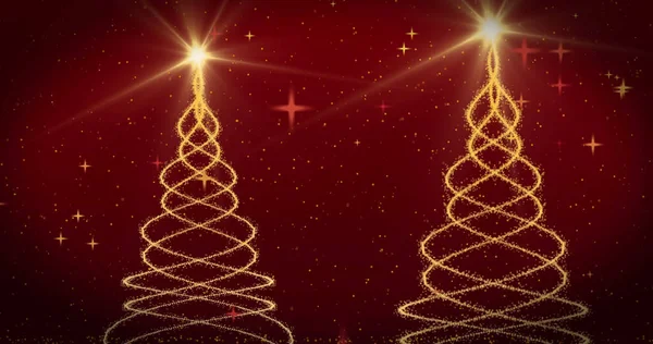 Imagem Queda Confetes Árvores Natal Sobre Fundo Vermelho Natal Tradição — Fotografia de Stock