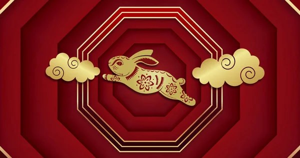 Kırmızı Arkaplandaki Şekiller Tavşanlar Çin Yeni Yılı Gelenek Kutlama Konsepti — Stok fotoğraf