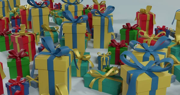 Изображение Разноцветных Рождественских Подарков Лентами Сером Фоне Рождество Праздник Традиции — стоковое фото