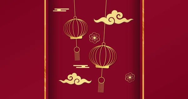 Composition Yellow Stripes Lanterns Flowers Clouds Red Background Chinese New — Stock Photo, Image