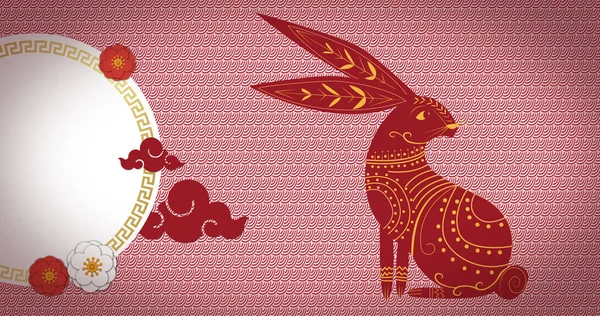 stock image Image of rabbit and shapes over circle on red background. Chinese new year, tradition and celebration concept digitally generated image.