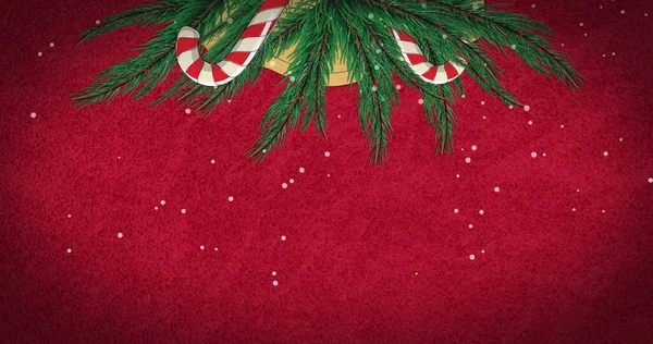图片上 雪落在糖果手杖和枞树上 签名上方 红色背景上有复制空间 圣诞节 传统和庆祝概念数字生成的图像 — 图库照片