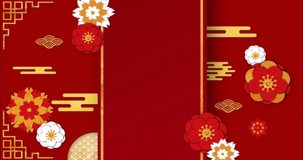 Imagem Flores Formas Sobre Fundo Vermelho Ano Novo Chinês Tradição — Fotografia de Stock