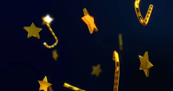 Imagem Estrelas Douradas Bastões Doces Caindo Sobre Fundo Preto Natal — Fotografia de Stock