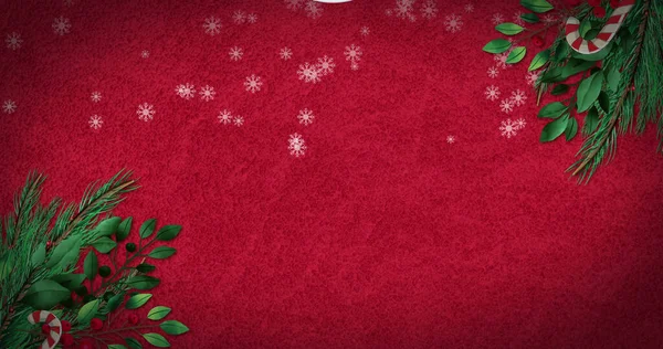 Immagine Neve Che Cade Natale Bauble Con Bastoncini Zucchero Abete — Foto Stock