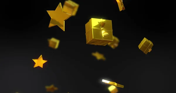 Image of gold stars and presents falling over black background. Christmas, festivity, celebration and tradition concept digitally generated image.