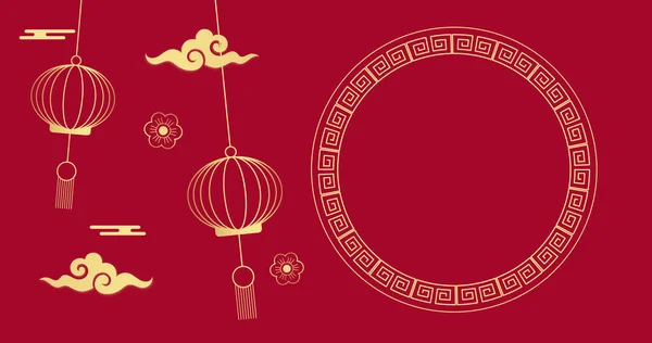 Kırmızı Arka Planda Çember Üzerindeki Çin Fenerleri Şekilleri Çin Yeni — Stok fotoğraf