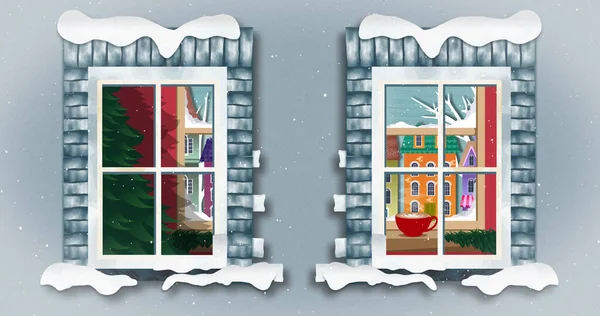 Bilder Von Schneefällen Und Fenstern Über Häusern Und Winterlandschaften Weihnachten — Stockfoto