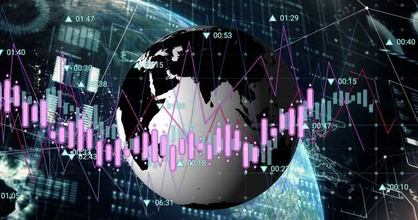 Image Shows Globe Rotating Top Another Globe Various Graphs Numbers — Stock Photo, Image
