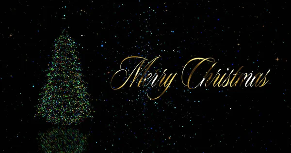 Image Falling Confetti Merry Christmas Text Christmas Tree Black Background — Stock Photo, Image