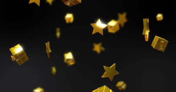 Imagem Estrelas Douradas Presentes Caindo Sobre Fundo Preto Natal Festa — Fotografia de Stock