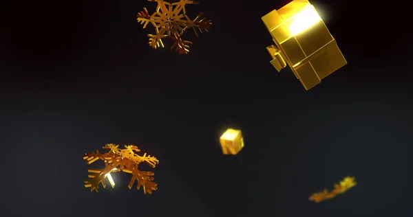 Obraz Złotych Prezentów Płatków Śniegu Spadających Czarne Tło Boże Narodzenie — Zdjęcie stockowe