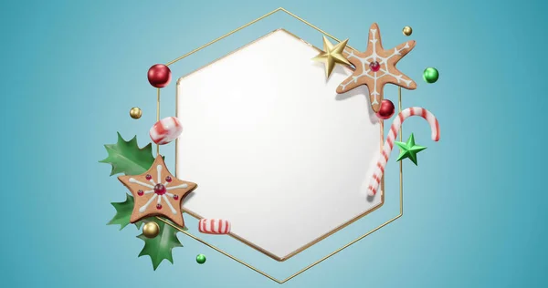 Image Hexagon Frame Copy Space Christmas Decoration Blue Background Christmas — Stock Photo, Image