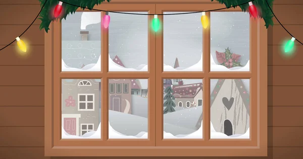 Bild Von Fenstern Und Schnee Die Weihnachten Über Häuser Und — Stockfoto