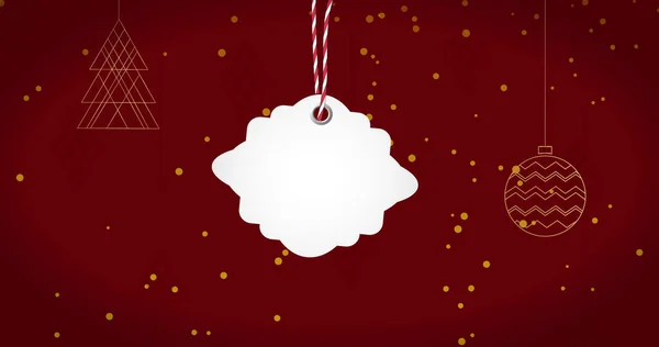 Afbeelding Van Gift Tag Met Kopieerruimte Kerstballen Lichte Vlekken Rode — Stockfoto
