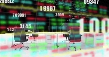 Borsa üzerinde veri işleme ve masaların animasyonu. Küresel iş, finans ve dijital arayüz kavramı dijital olarak oluşturulmuş video.