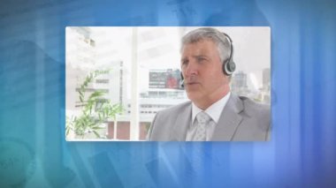 Ofisteki çeşitli iş adamları üzerinde veri işleme animasyonu. Küresel iş, teknoloji ve dijital arayüz kavramı dijital olarak oluşturulmuş video.