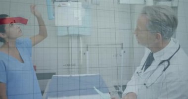 Hastanedeki doktorların üzerinde veri işlenen kırmızı çizgilerin animasyonu. Küresel tıp ve veri işleme kavramı dijital olarak oluşturulmuş video.