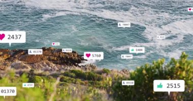 Sosyal medya simgelerinin ve deniz manzaralı kayalık kıyıların animasyonu. Küresel sosyal medya, iletişim ve bağlantılar konsepti dijital olarak oluşturulmuş video.