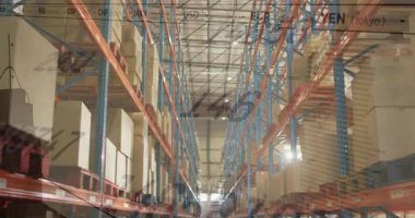 Deponun üzerindeki istatistik ve veri işleme animasyonları. Küresel sevkiyat, ticaret, finans, bilgisayar ve veri işleme kavramı dijital olarak oluşturuldu.