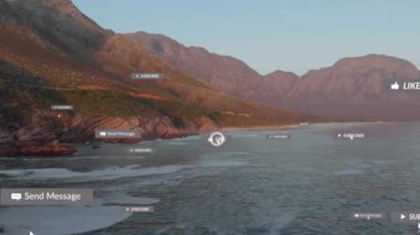 Sosyal medya simgelerinin ve deniz manzaralı kayalık kıyıların animasyonu. Küresel sosyal medya, iletişim ve bağlantılar konsepti dijital olarak oluşturulmuş video.