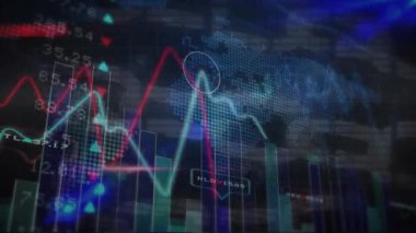 Dünya haritası üzerinde istatistik ve finansal veri işleme animasyonları. Küresel finans, iş ve veri işleme kavramı dijital olarak oluşturulmuş video.