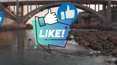 Sosyal medya simgelerinin, köprü ve deniz manzaralı kayalık kıyıların animasyonu. Küresel sosyal medya, iletişim ve bağlantılar konsepti dijital olarak oluşturulmuş video.